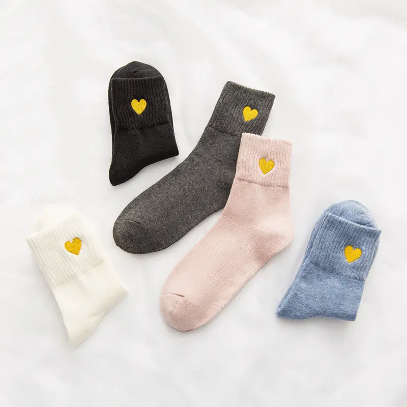 Golden Heart Embroidery Crew Socks (5 Colours)
