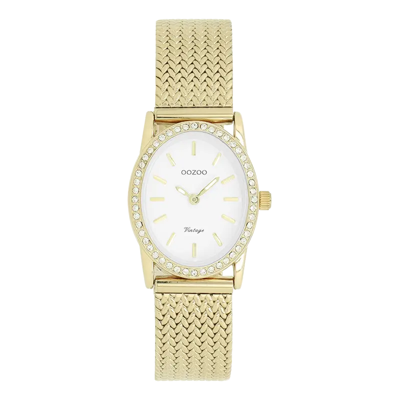 Goudkleurige horloge met metalen v-mesh armband - C20432 (28mm)