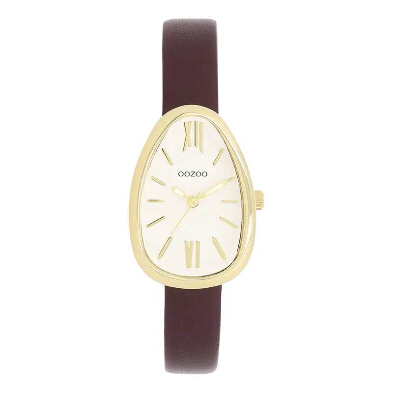Goudkleurige horloge met vijgenrode leren band - C11635 (31mm)