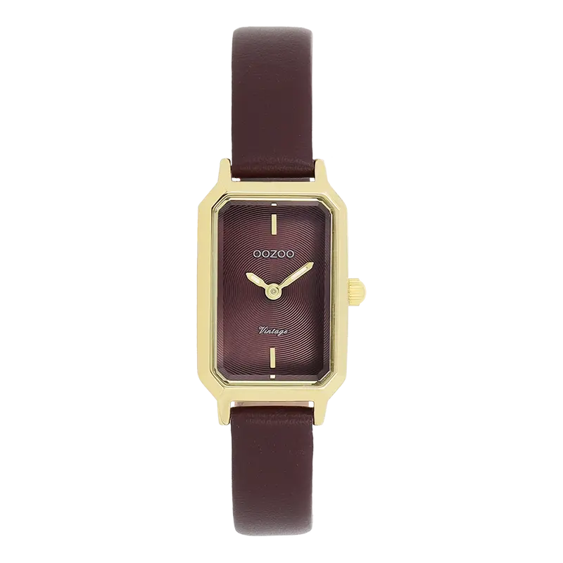 Goudkleurige horloge met vijgenrode leren band - C20421 (22mm)