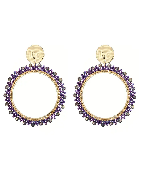 Goudkleurige oorbellen met paarse miyuki beads