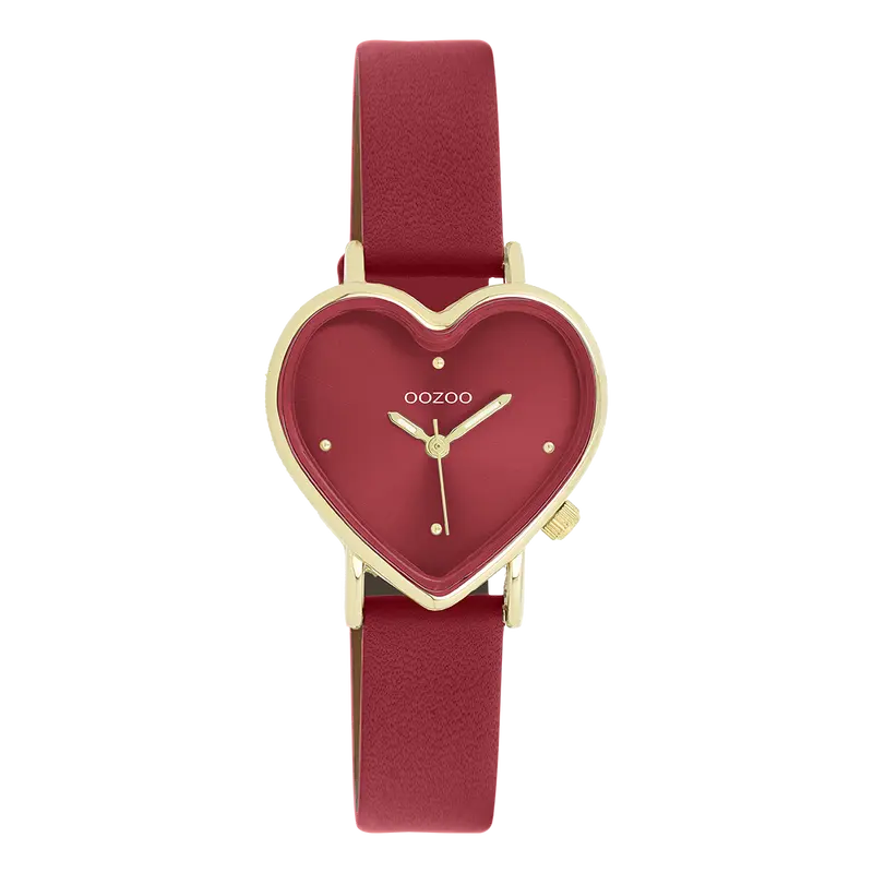 Goudkleurige OOZOO horloge met bordeaux rode leren band - C11454 (28mm)