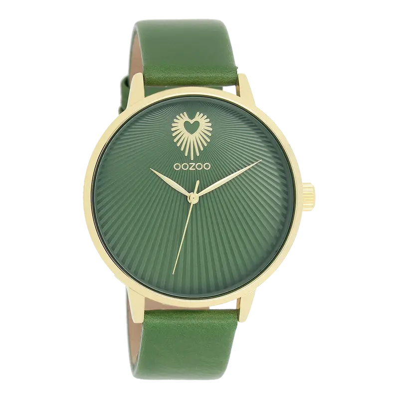 Goudkleurige OOZOO horloge met groene leren band - C11344 (42mm)