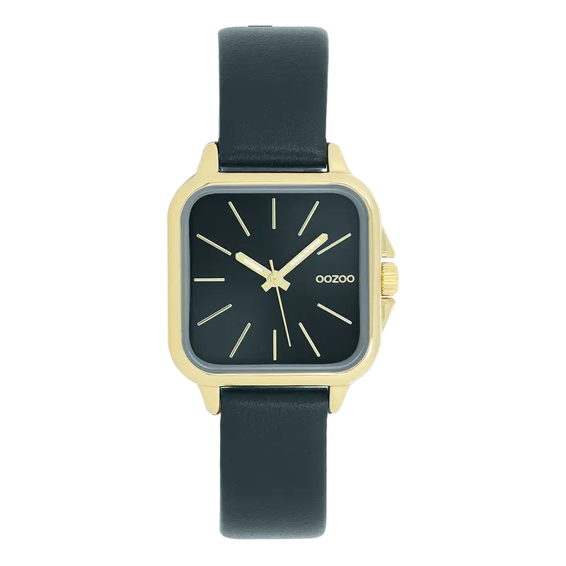 Goudkleurige Oozoo horloge met met donkergroene leren band - C11614 (34mm)