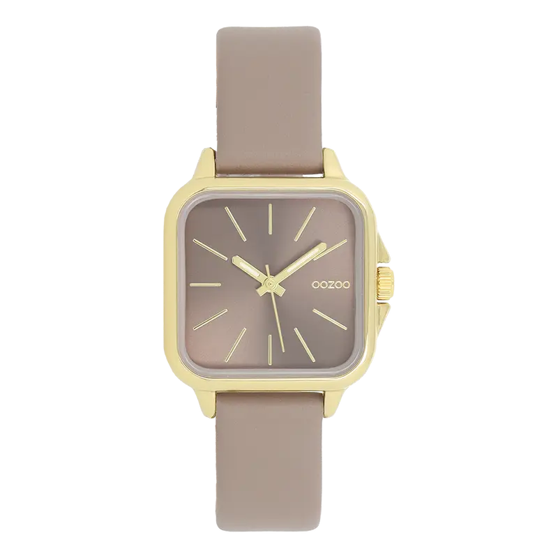 Goudkleurige Oozoo horloge met met taupe leren band - C11612 (34mm)
