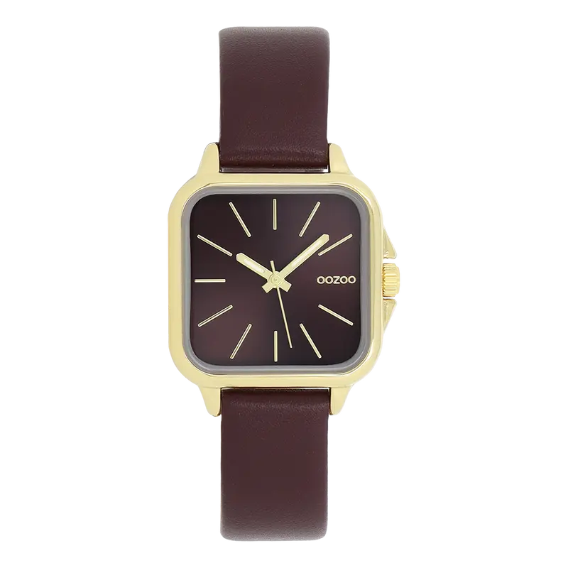 Goudkleurige Oozoo horloge met met vijgenrode leren band - C11613 (34mm)