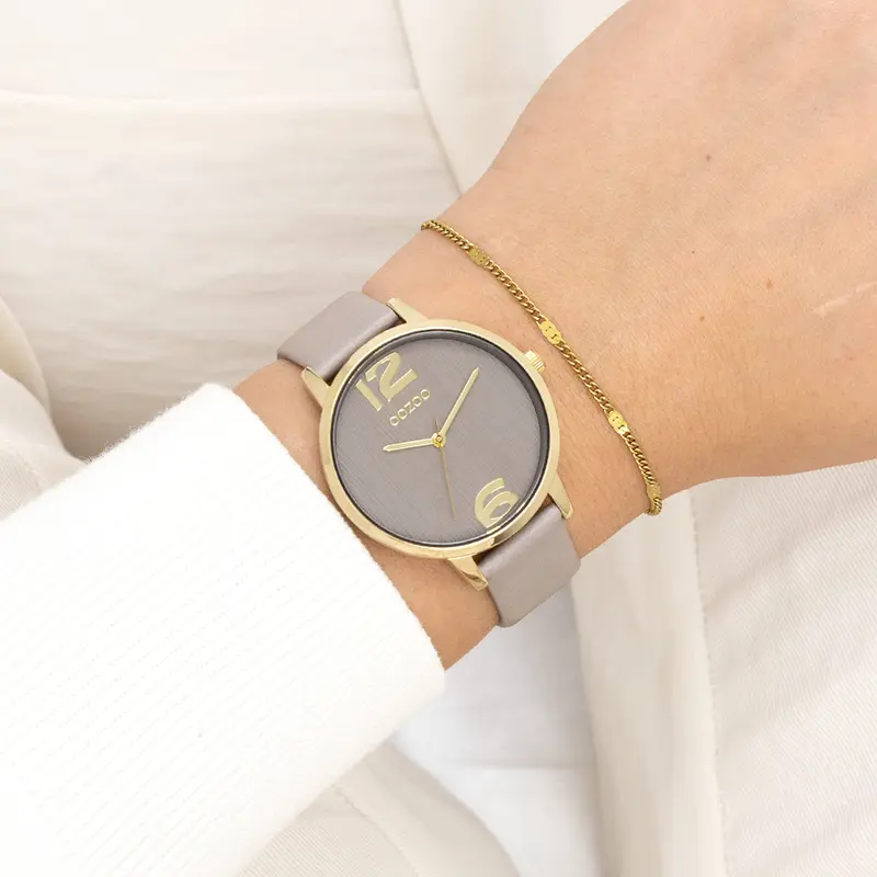 Goudkleurige OOZOO horloge met taupe leren band - C11342 (38mm)