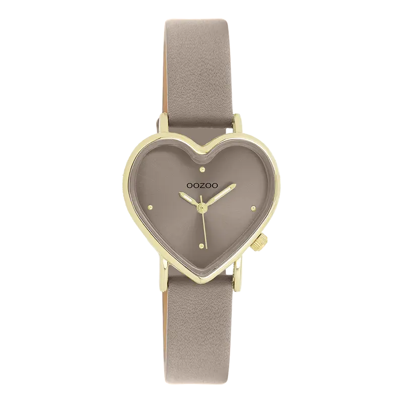 Goudkleurige OOZOO horloge met taupe leren band - C11451 (28mm)
