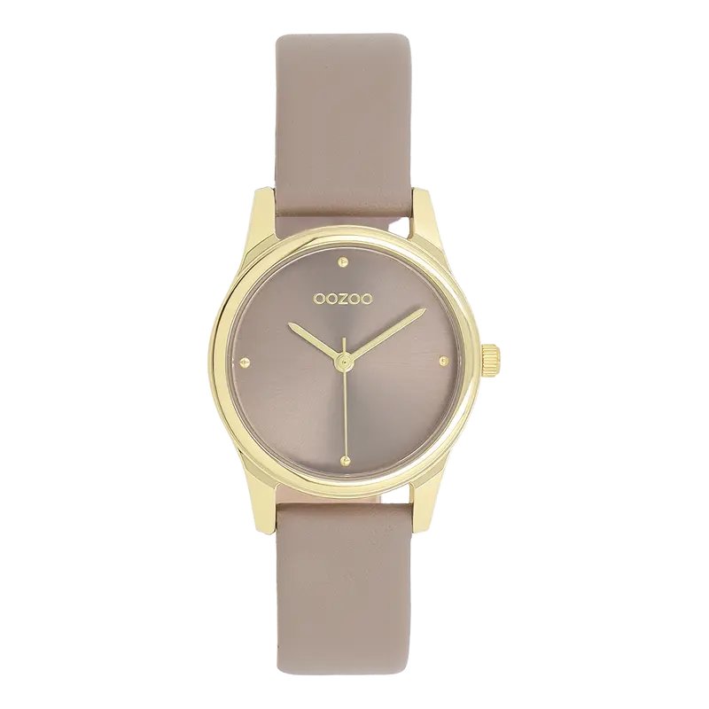 Goudkleurige OOZOO horloge met taupe leren band - C11625 (28mm)