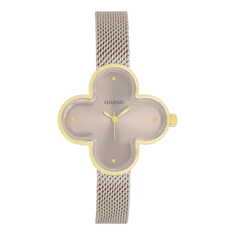 Goudkleurige OOZOO horloge met taupe metalen mesh armband - C11528 (32mm)