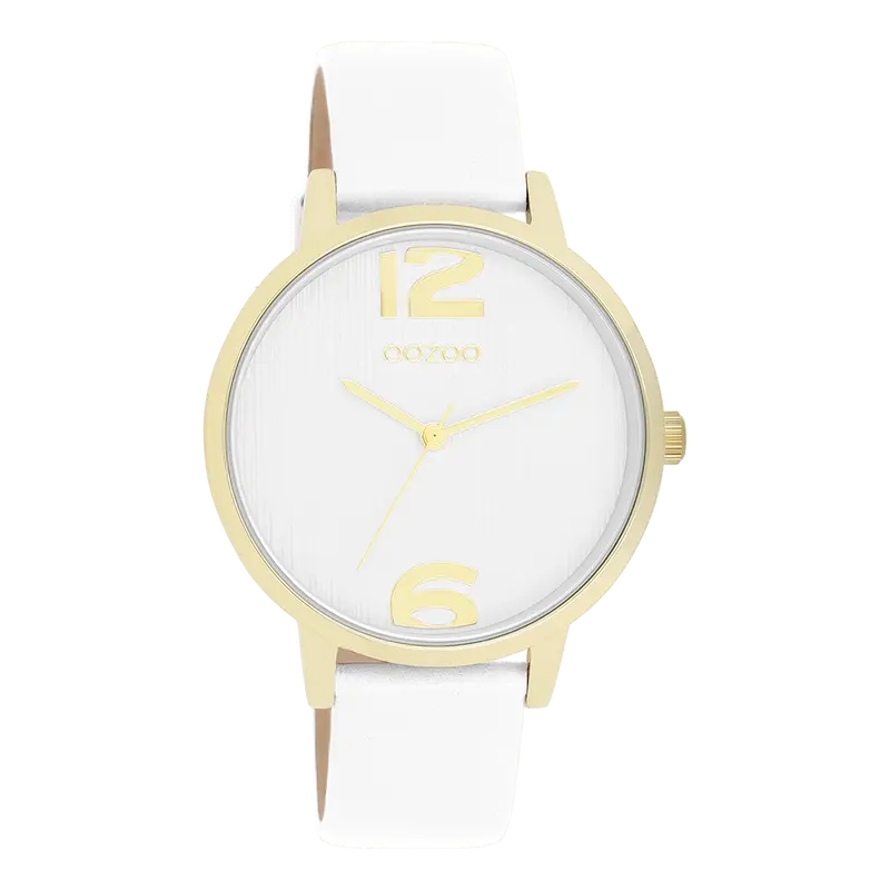 Goudkleurige OOZOO horloge met witte leren band - C11340 (38mm)