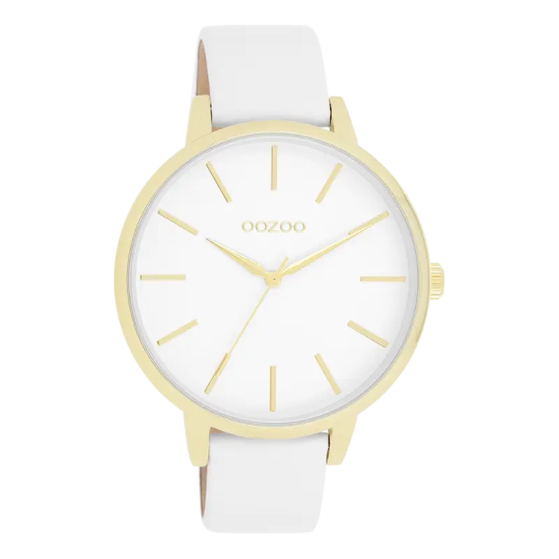Goudkleurige OOZOO horloge met witte leren band - C11359 (42mm)