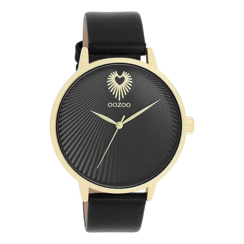 Goudkleurige OOZOO horloge met zwarte leren band - C11242 (42mm)