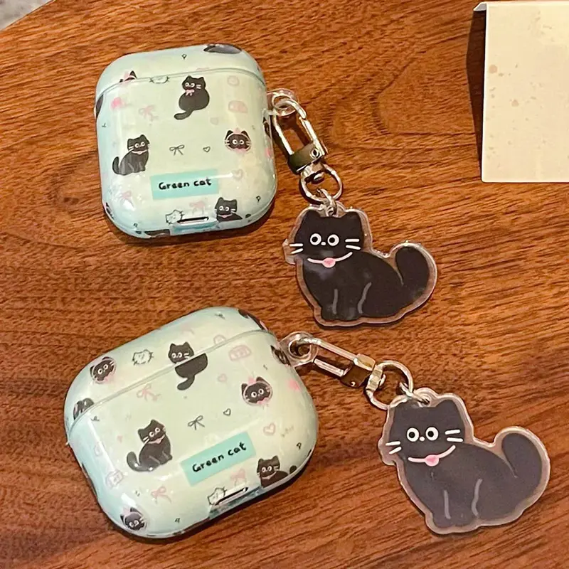Green Cat AirPods Charger Case Cover with Cat Charm