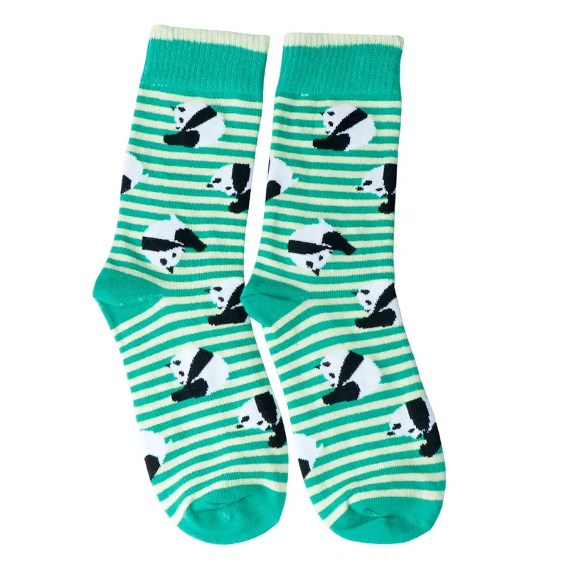 Green Striped Panda Crew Socks