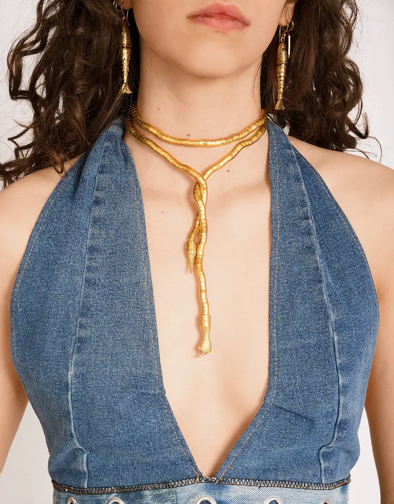 Handcrafted brass snake wrap necklace
