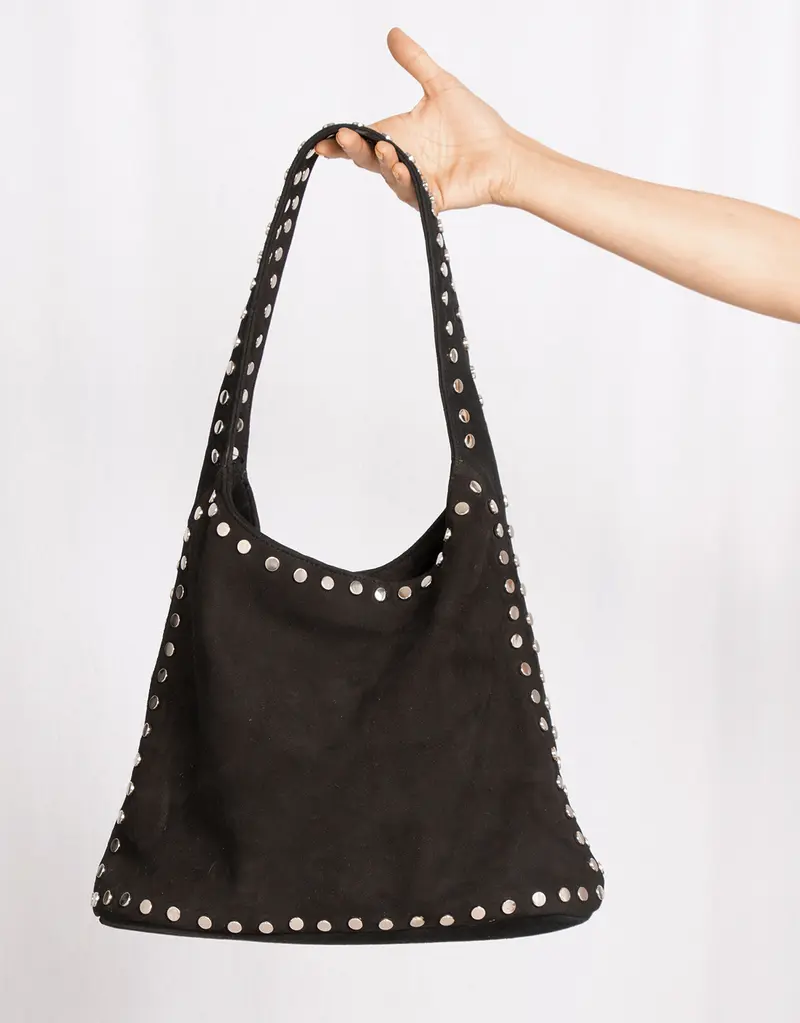 Handcrafted buffalo suede studded shopper bag
