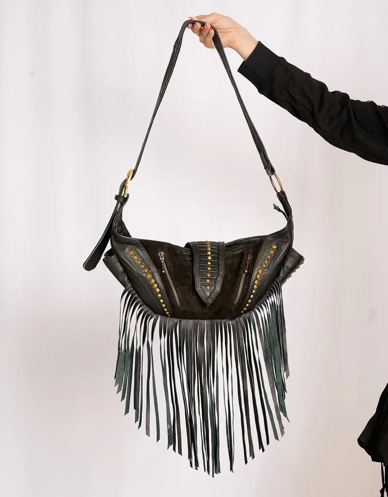 Handcrafted western fringe stud shoulder bag