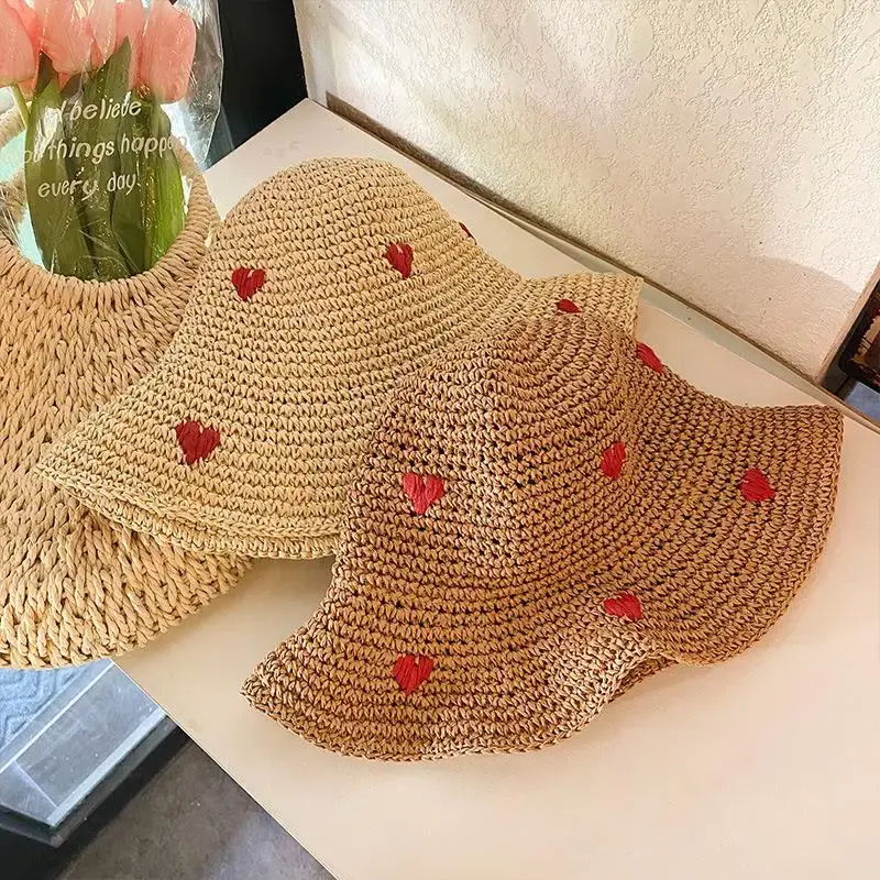Heart Embroidery Crochet Beach Hat (2 Colours)