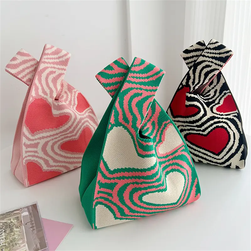 Heart Pattern Knitted Mini Lunch Tote (3 Colours)