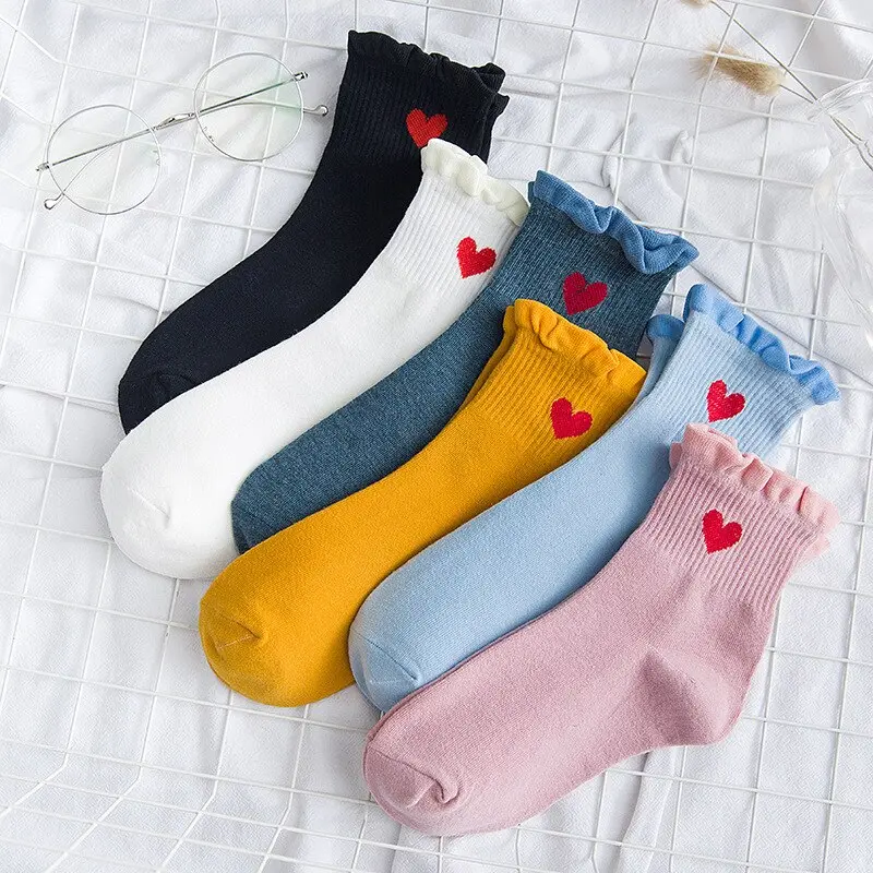 Heart Ruffle Crew Socks (6 Colours)