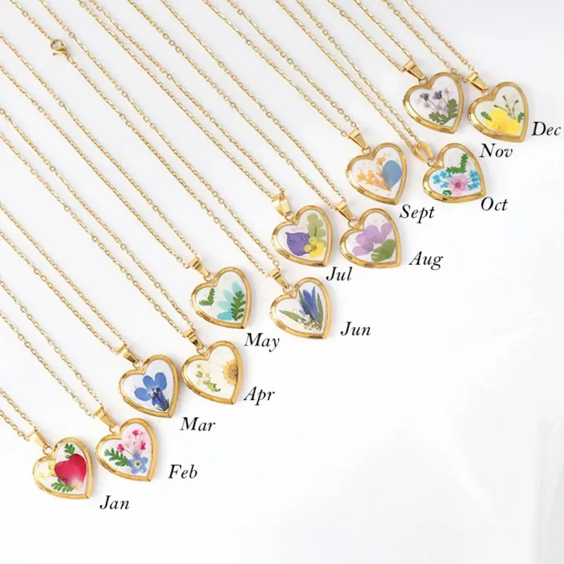 Heart Shaped Birth Flower Locket Pendant Necklace (12 Designs)