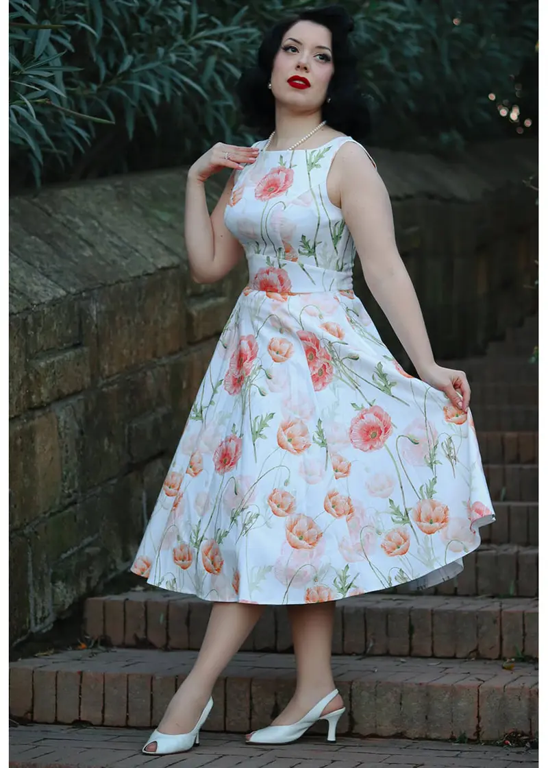 Hearts & Roses Aria Floral 50's Swing Dress White