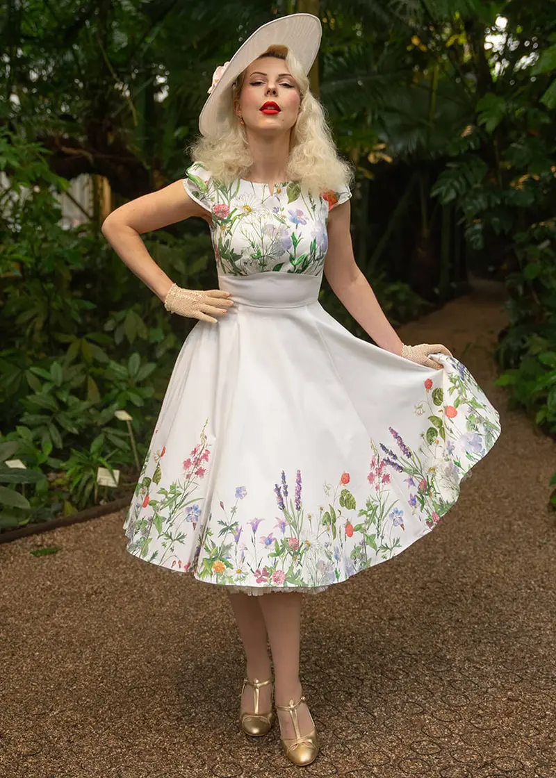 Hearts & Roses Autumn Floral 50's Swing Dress White