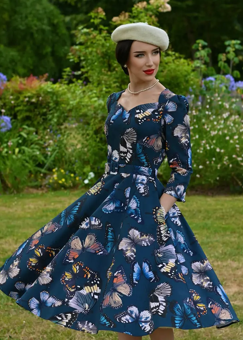 Hearts & Roses Bambi Butterfly 50s Swing Dress Blue