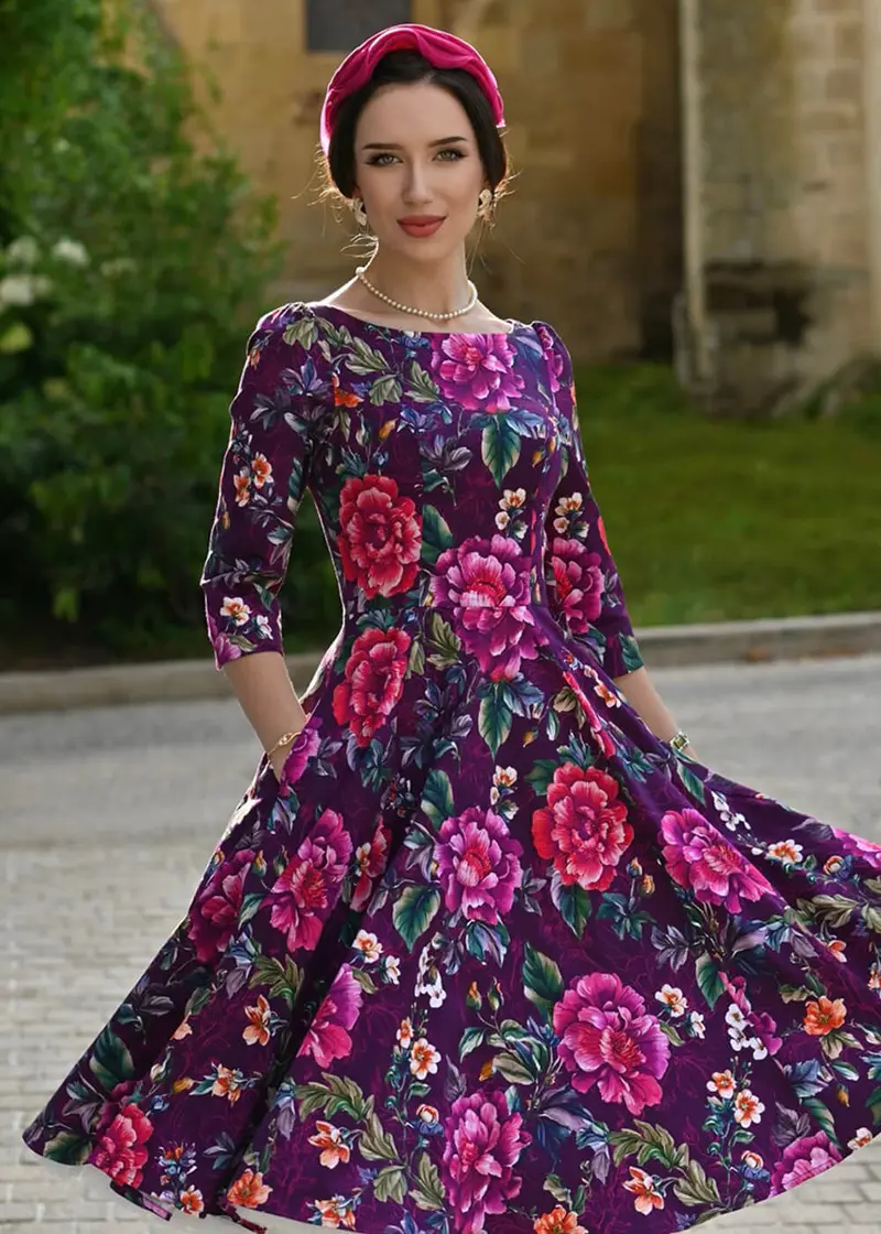 Hearts & Roses Bea Floral 50s Swing Dress Purple