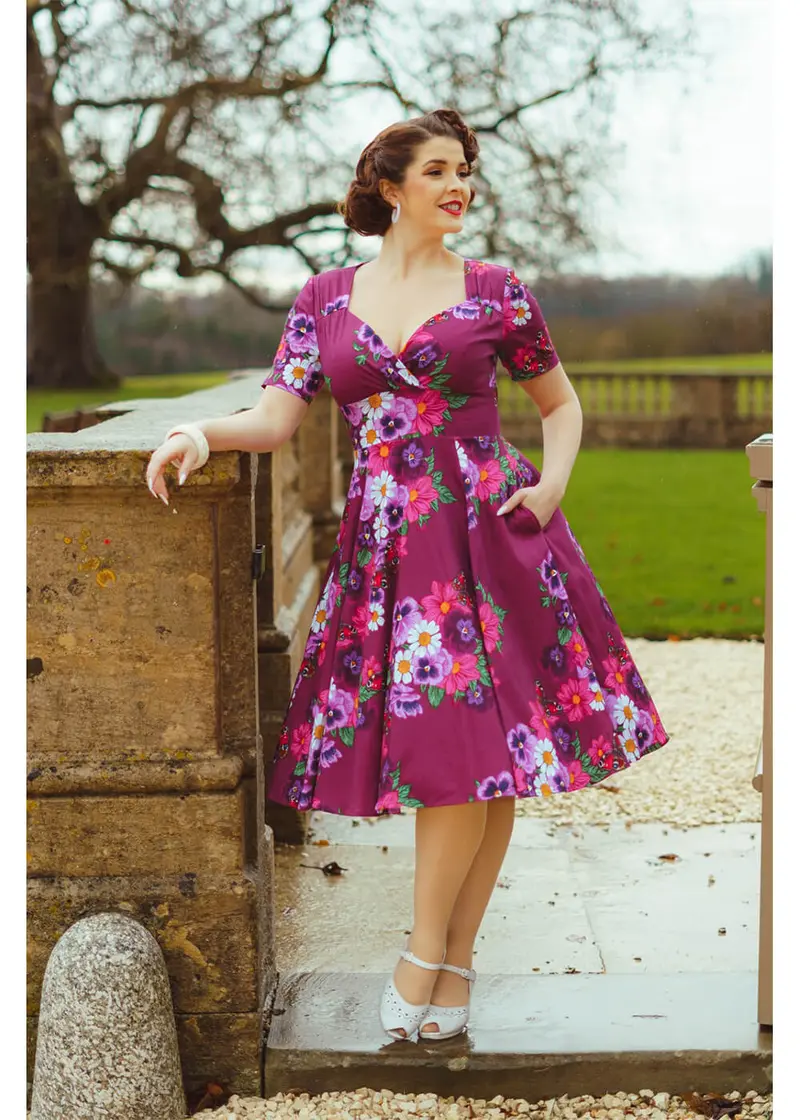 Hearts & Roses Berry Blossom 50s Swing Dress Purple