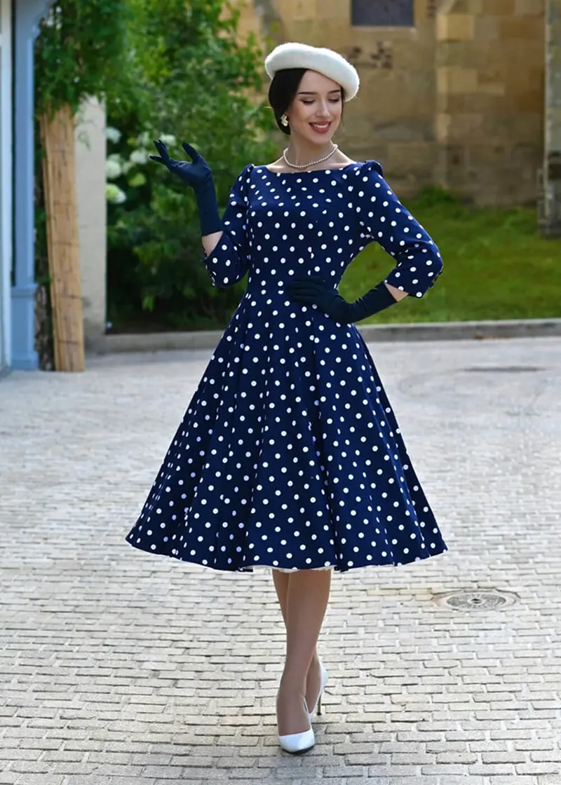 Hearts & Roses Blakely Polkadot 50s Swing Dress in Navy