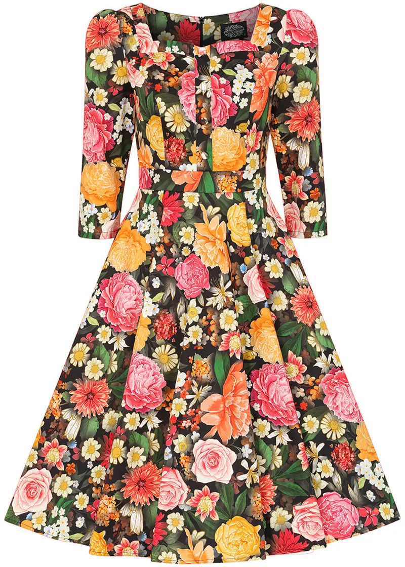 Hearts & Roses Cassidy Floral 50s Swing Dress Black