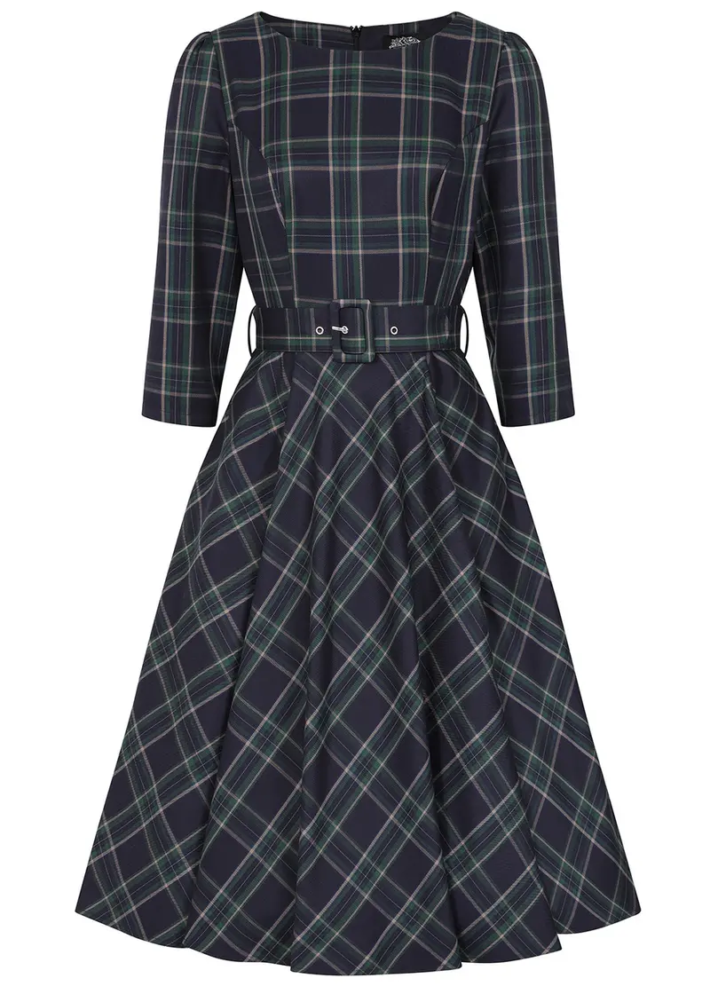 Hearts & Roses Cece Tartan 50's Swing Dress Navy