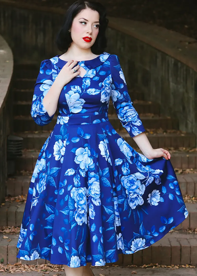 Hearts & Roses Dafney Floral 50s Swing Dress Blue