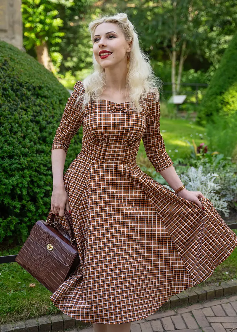 Hearts & Roses Daniella Check 50s Swing Dress Brown