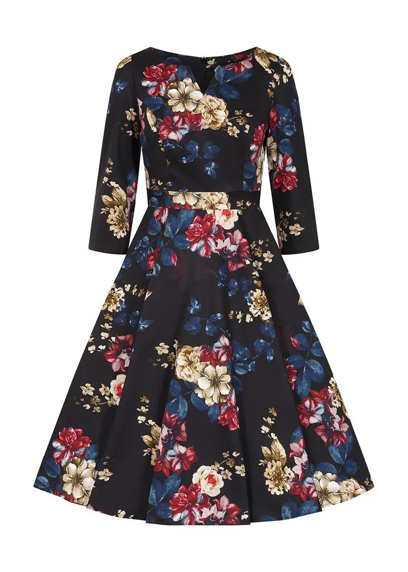 Hearts & Roses Fall Floral 50s Swing Dress Black