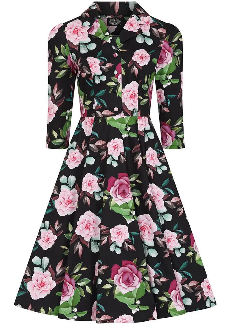 Hearts & Roses Helen Floral 50s Swing Dress Black