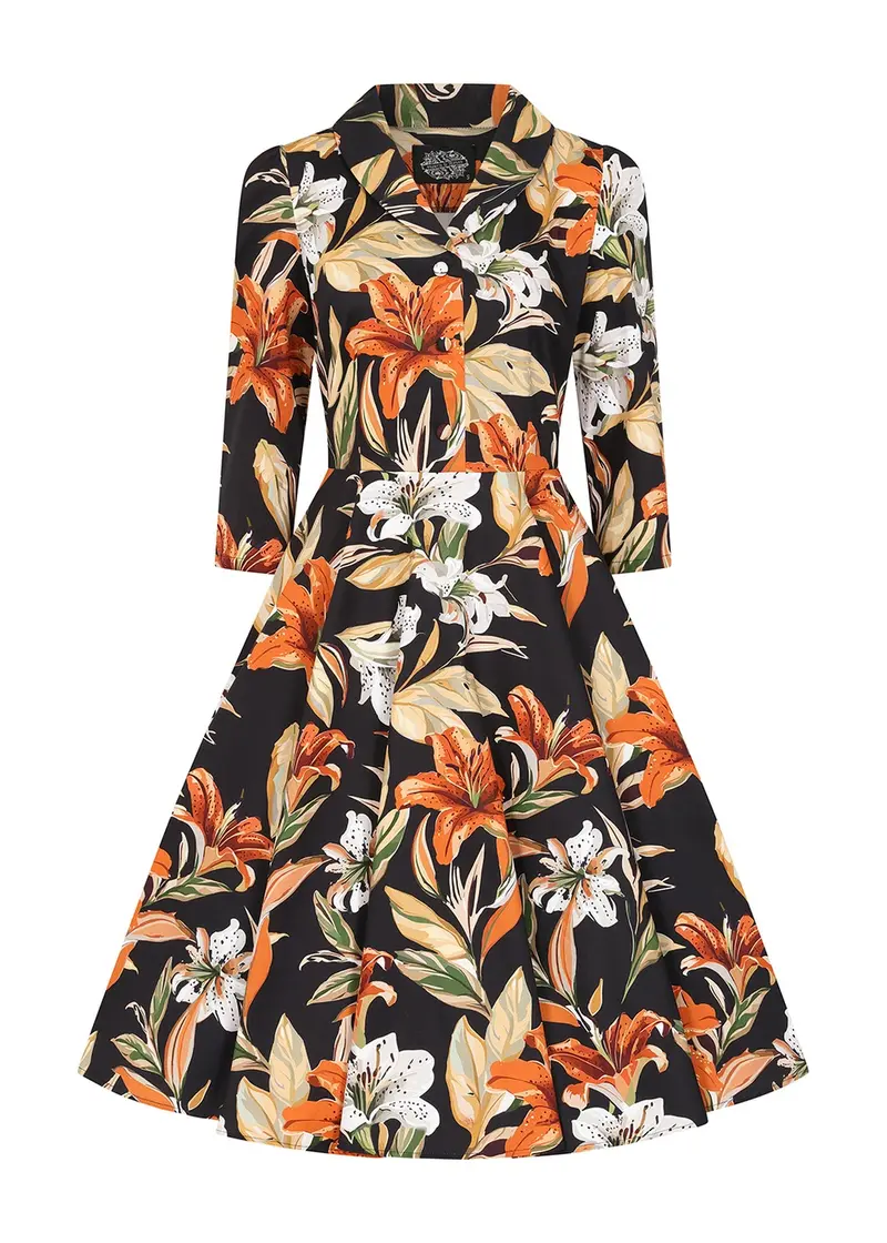 Hearts & Roses Lilia Floral 50s Swing Dress Black