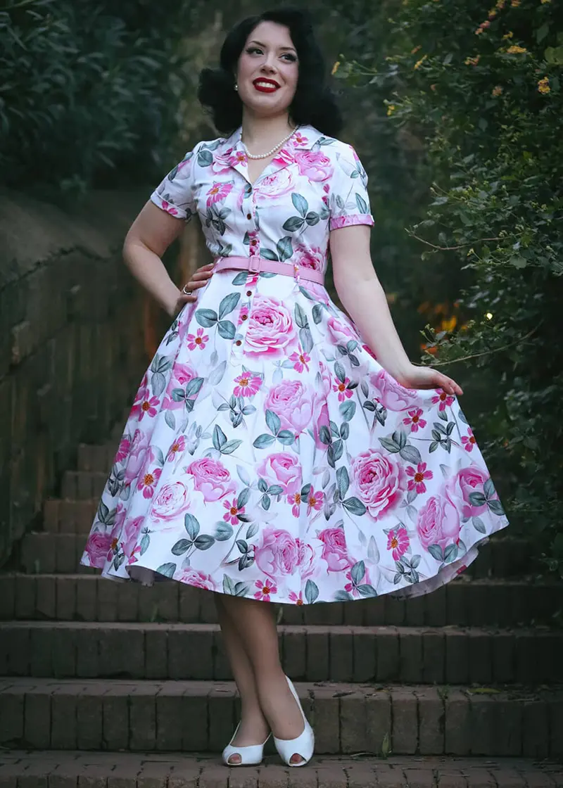 Hearts & Roses Luella Floral 50s Swing Dress White