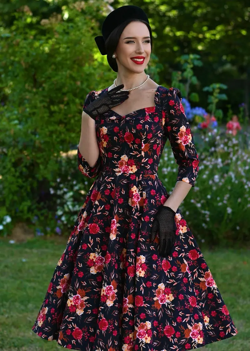 Hearts & Roses Margot Floral 50s Swing Dress Black