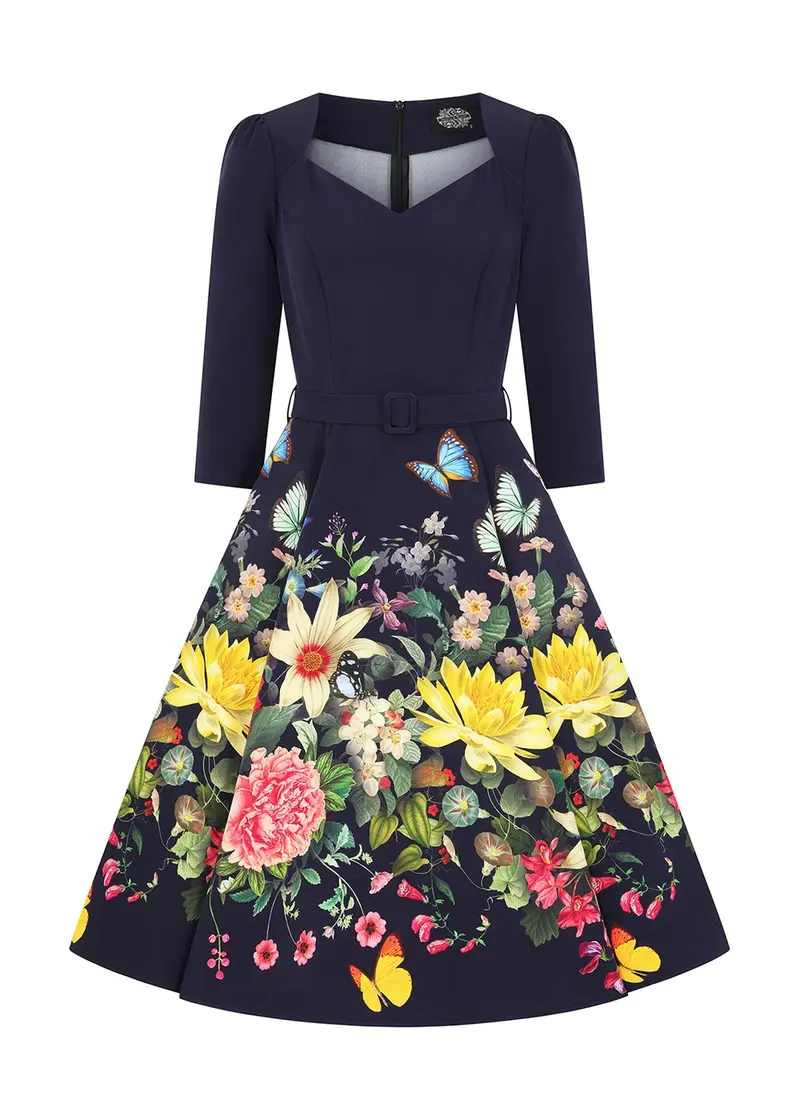 Hearts & Roses Mariposa Garden 50s Swing Dress Navy