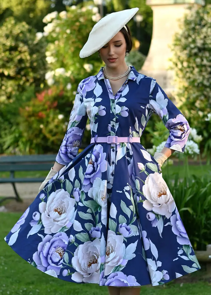 Hearts & Roses May Floral 50's Swing Dress Purple
