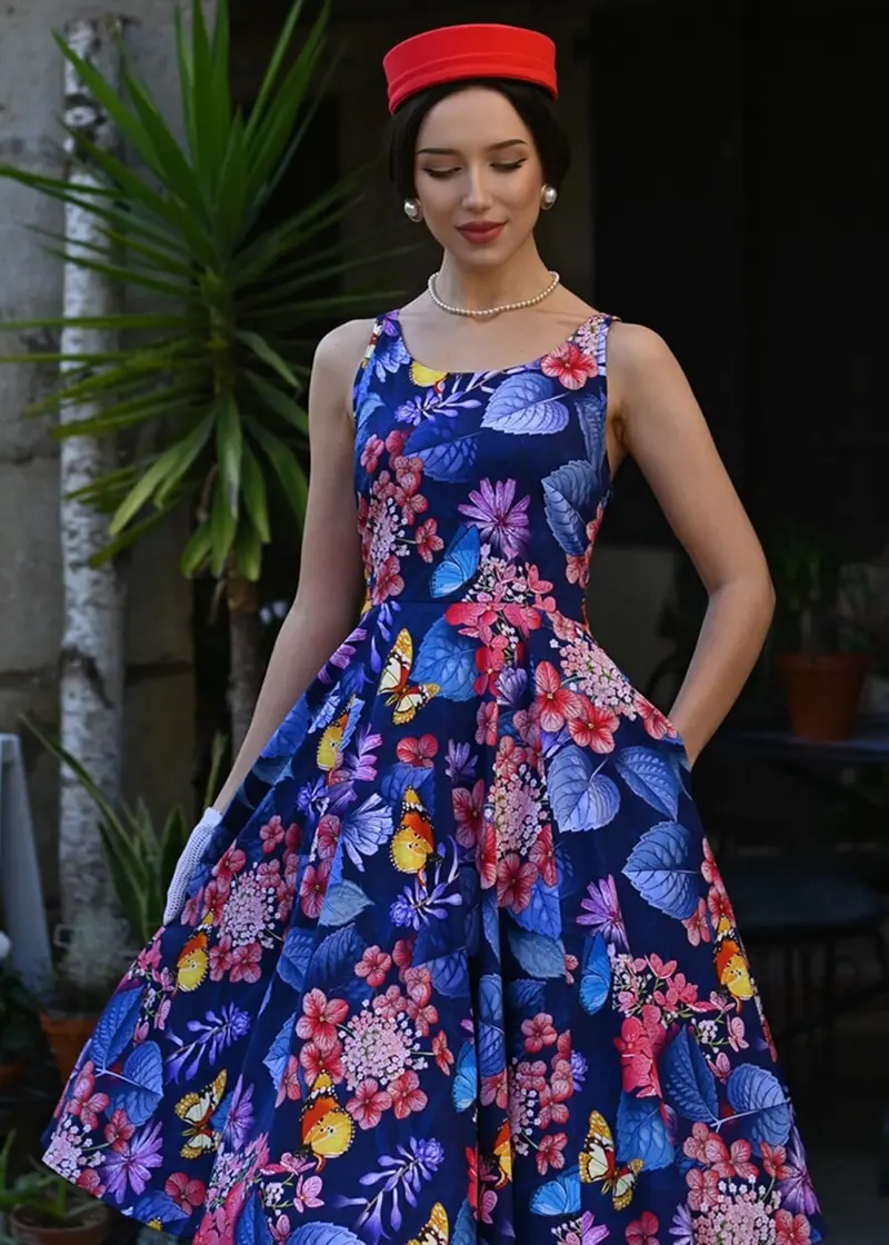 Hearts & Roses Midnight Butterfly Garden 50s Swing Dress Blue