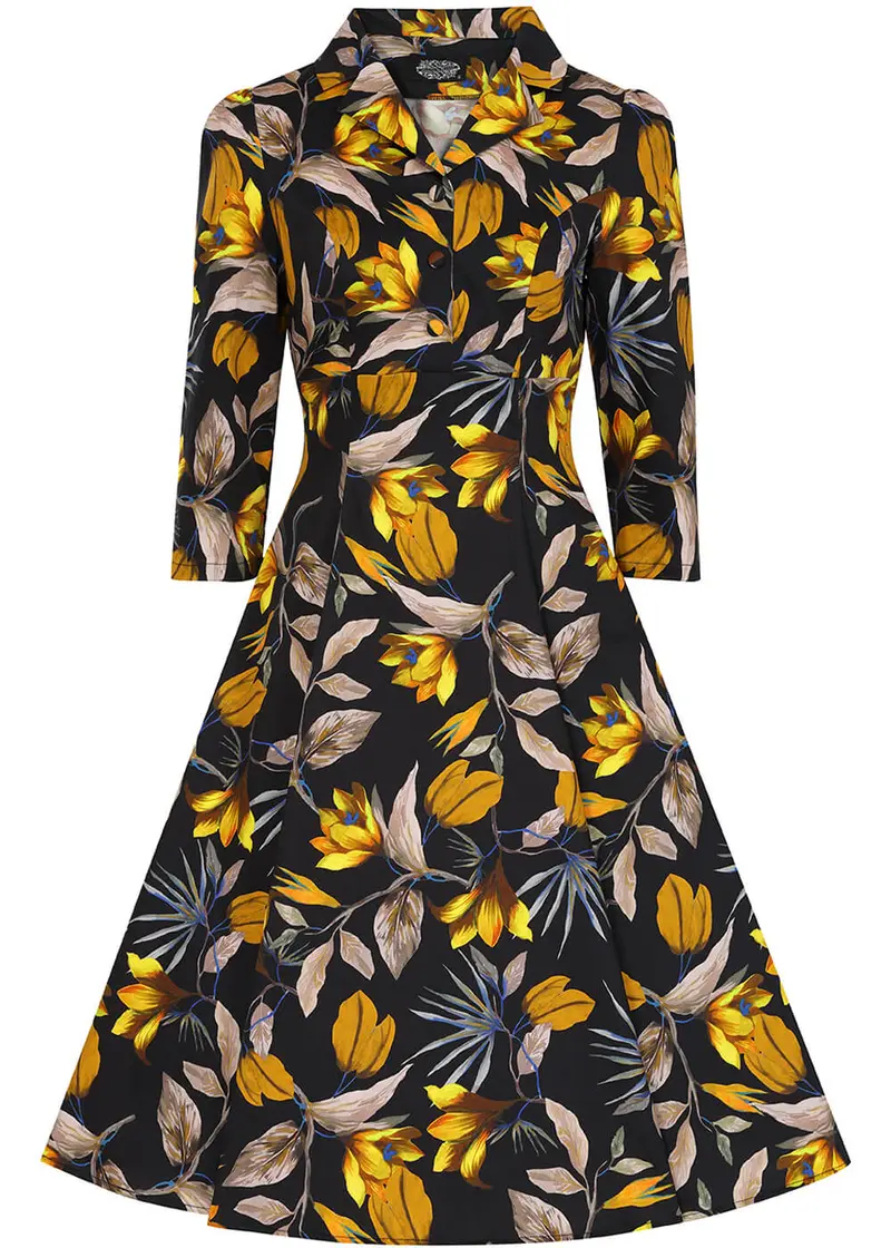Hearts & Roses Mila Floral 50s Swing Dress Black