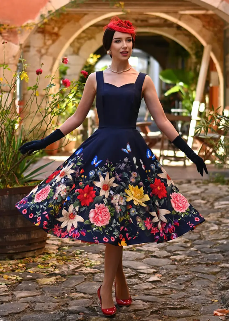 Hearts & Roses Moonlight Butterfly 50s Swing Dress Blue