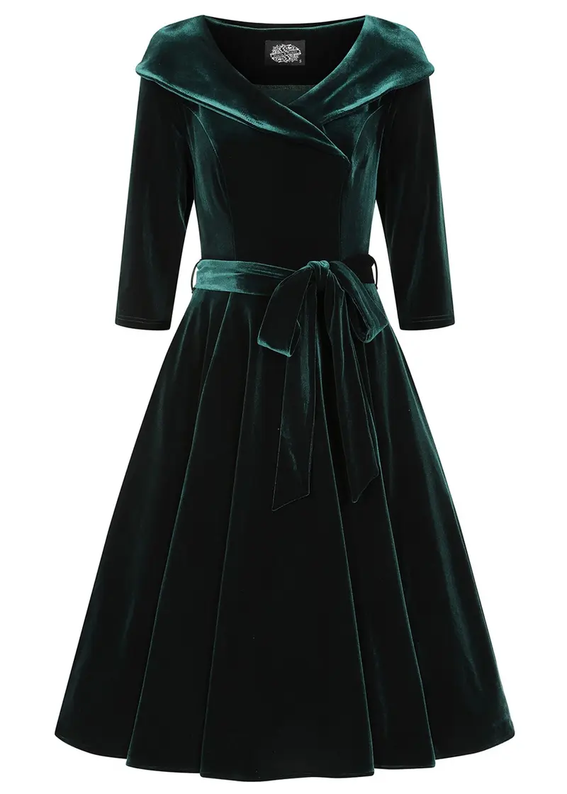 Hearts & Roses Pheobe Velvet 50s Swing Dress Green