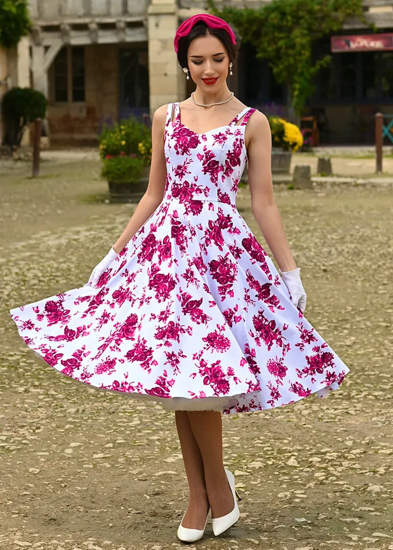 Hearts & Roses Rosaceae Floral 50's Swing Dress White Pink