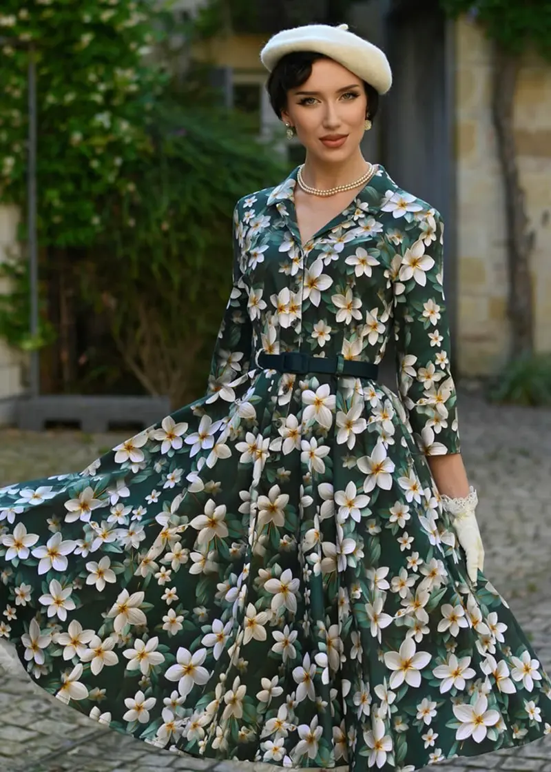 Hearts & Roses Skye Floral 50s Swing Dress Green