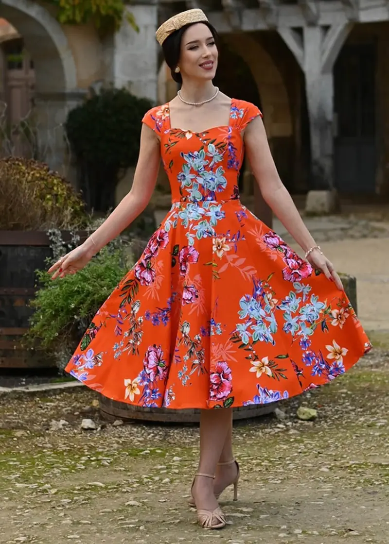 Hearts & Roses Sunrise 50s Swing Dress Orange